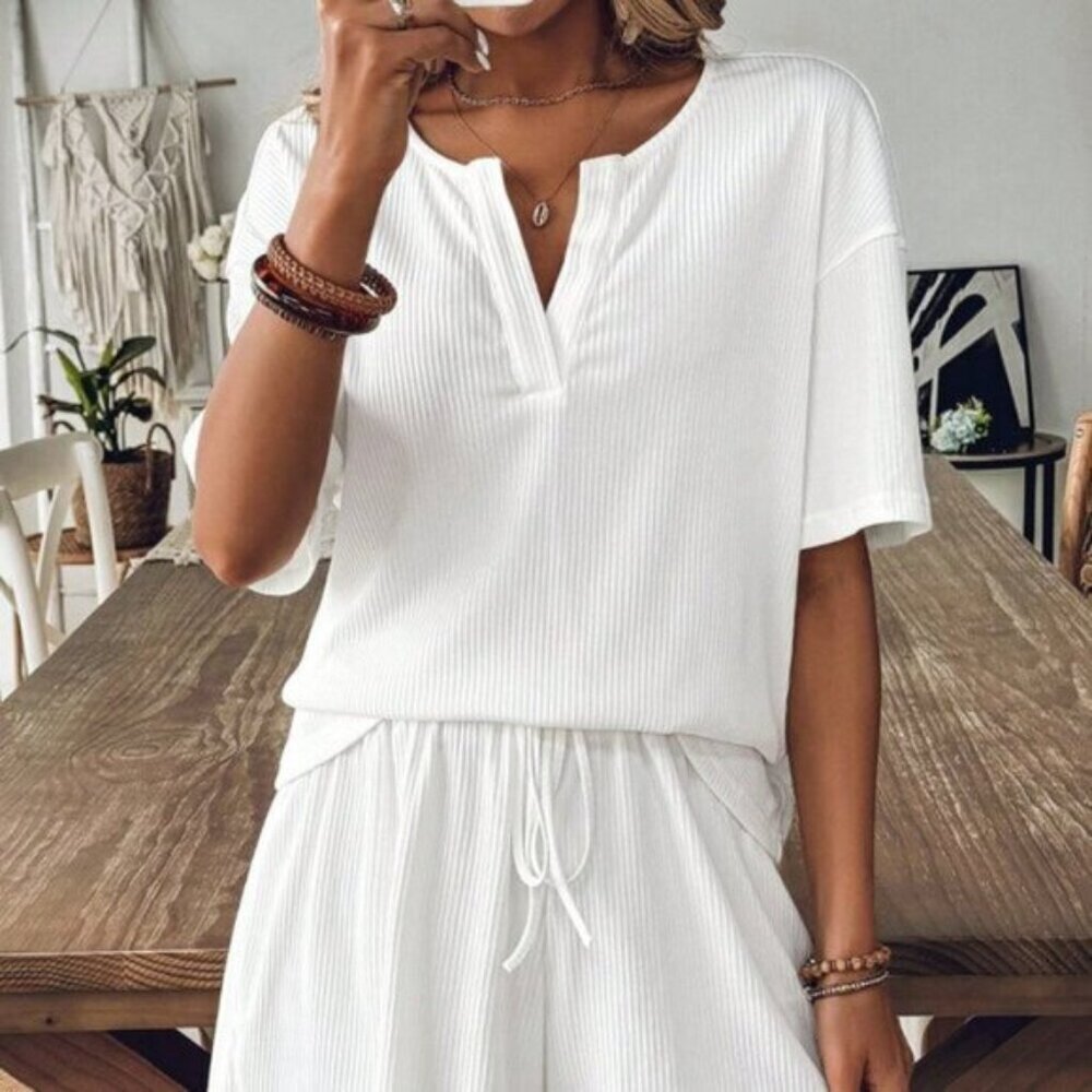 White Casual Women's Summer Sets Loose Knit Pit Strip Two-Piece Set
